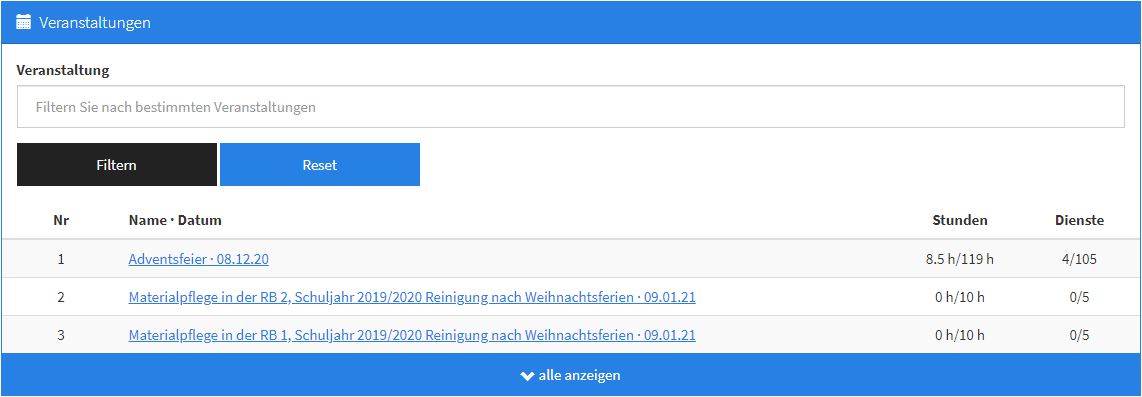 Blaue Box in der Übersicht mit einer Liste an buchbaren Veranstaltungen